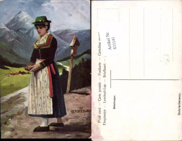 611141,tolle Künstler AK Berchtesgaden Volkstracht Tracht Marterl Wegkreuz Bibel