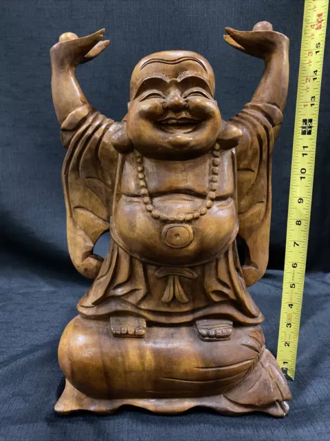 Joyful Buddha Statue Prosperity Hotei Budai Hand Carved Wood Sculpture Bali Art