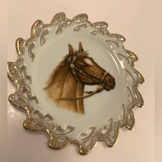 Vintage Horse Plate collectible, Porcelain, Gold Edge, hand painted, Relco