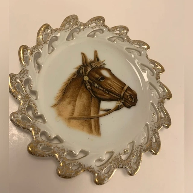 Vintage Horse Plate collectible, Porcelain, Gold Edge, hand painted, Relco