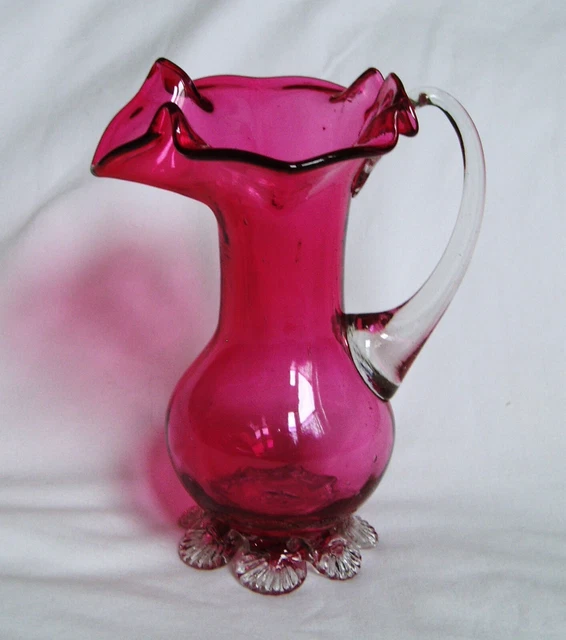 ANTIQUE/VICTORIAN CRANBERRY GLASS Frilled Rim Jug/Vase Clear Handle