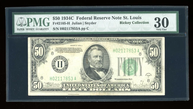 DBR 1934-C $50 FRN St. Louis Fr. 2105-H PMG 30 Serial H02117853A
