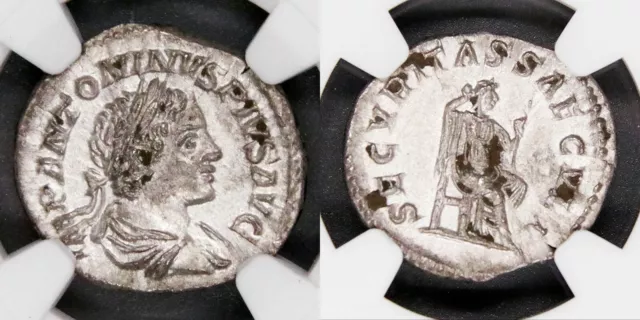 Elagabalus (AD 218-222). AR denarius (19mm, 6h). NGC AU,  Roman Imperial, Silver