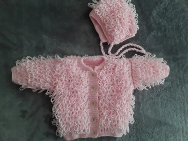 Hand Knitted Baby Girls Loop stitch Cardigan up to 6 months(approx)+ hat