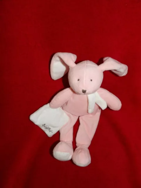 Doudou Peluche Layette Lapin Mouchoir Rose et Blanc  Babynat Etat Neuf