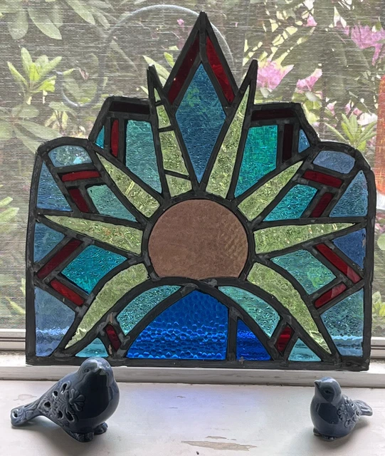 ANTIQUE STAINED LEADED GLASS CHURCH WINDOW SECTION FOR REPURPOSE 1930s SUNRISE