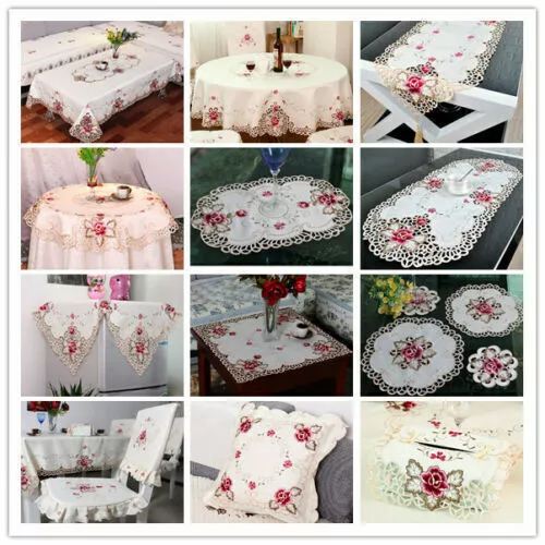 Embroidered Lace Tablecloth Dining Table Runner Chair Cover Doily Wedding Party