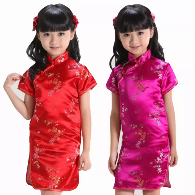 Mädchen Cheongsam Kleid Seide Satin Chinesisch Traditionell Blumen Qipao Kostüm Kleid