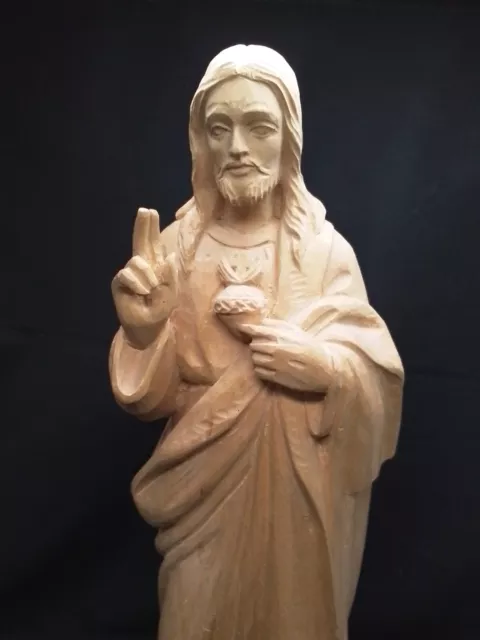 Christus Figur Herz Jesus Heiligenfigur Holzschnitzerei Natur Oberammergau 32 cm