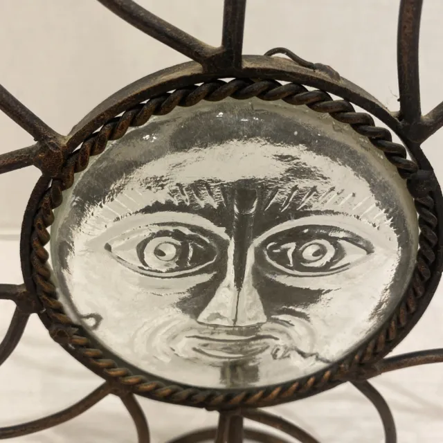 Vintage Wrought Iron Glass Sun Face Candle Holder 12.5” Tall Boho