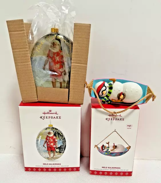 Hallmark 2017 Mele Kalikimaka Lot of 2 Tropical Snowman & Santa Ornaments Tested