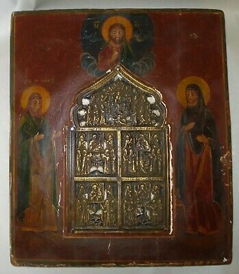 Antique Russian metal  Icon on wood panel hand painted 19th cent Rare