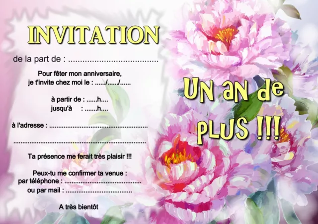 5 ou 12 cartes invitation anniversaire fleur REF 389