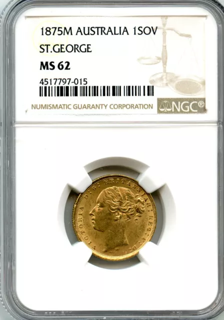 Australia 1875-M, Gold  Sovereign NGC MS62 Young Victoria St. George Melbourne