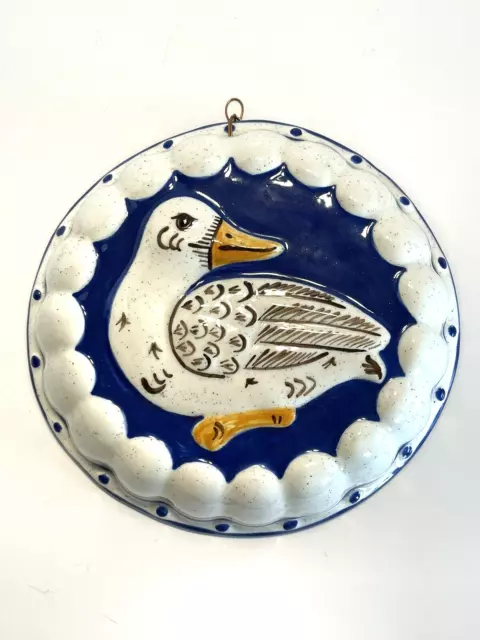 Vintage Ceramic Duck Mold Round Wall Hanging 9 Inch Diameter Blue White Yellow