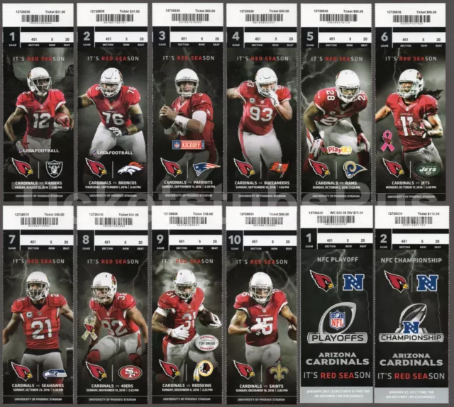 2016 NFL ARIZONA CARDINALS Season Ticket Stubs - Full Unused MINT!!!