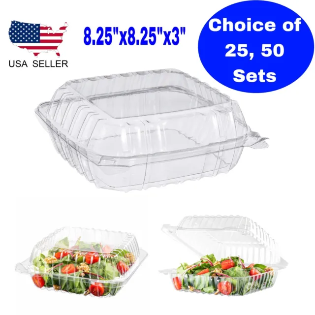 Clear Hinged Lid Plastic Food Container  Salad Snack Desserts 8.25''x8.25''x3''