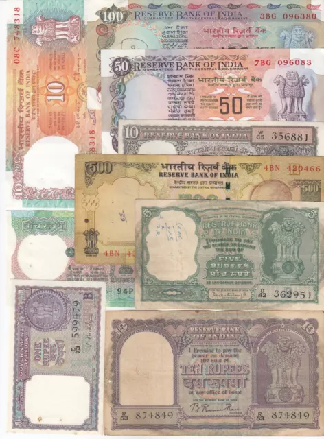 India, Set of 9, All Different Old Issue Banknotes, Rare Collection, b