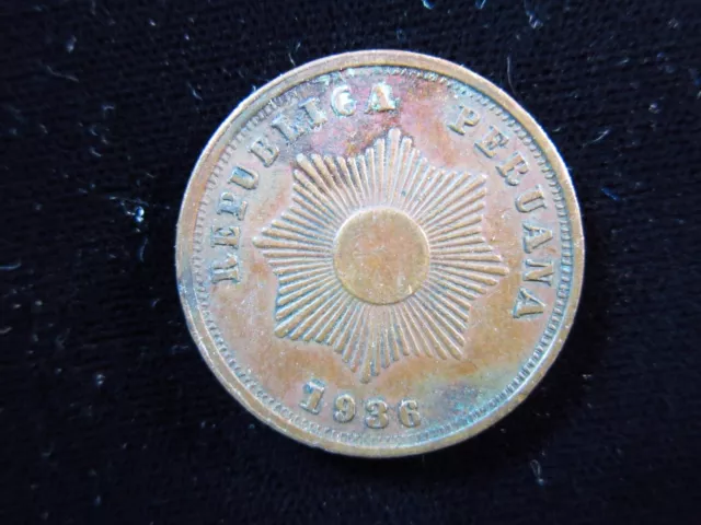 PERU 2 Centavos 1936 radiant sun 0142# Money Coin