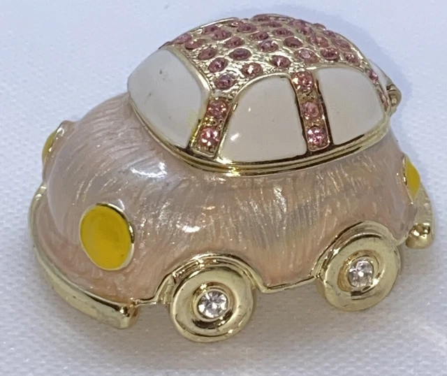 Beach Buggy Bejeweled Enameled Trinket Jewelry Box Pill Box Pink