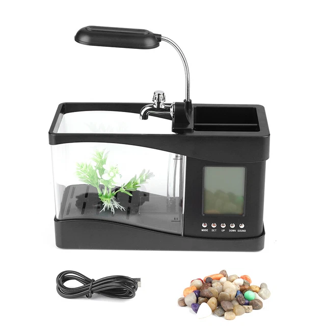 USB Rechargeable Mini Fish Tank Aquarium with Clock Function LED Light Black