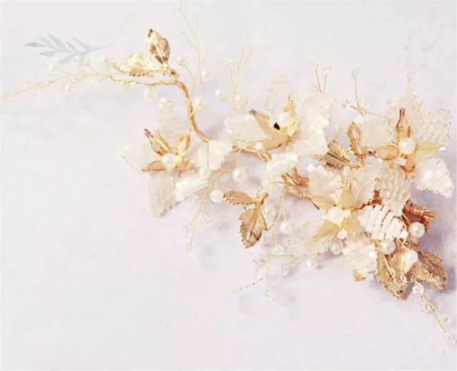 Women Gold Tone Leaf White Flower Bead Hair Styling Clips Side Back Pins Jewlery