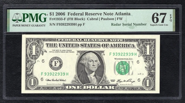 Fr 1933-F 2006 $1 Federal Reserve Note “Radar S/N F93922939H” Pmg Gem Unc-67Epq