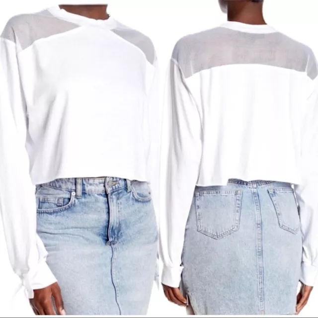 NWT Kendall & Kylie White Mesh Shoulder Raw Hem Long Sleeve Crop Blouse Small