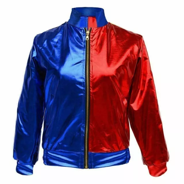 Women’s Suicide Squad Red and Royal Metallic Jacket Cosplay Harley Quinn Costume