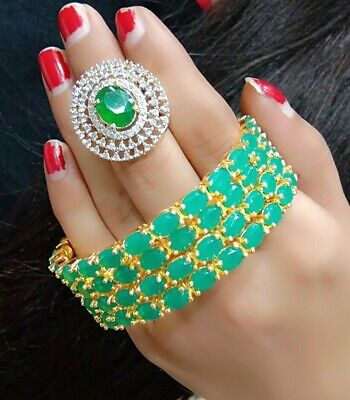 Indian Green Stone Bangles Bracelets Gold Tone Ring Jewelry Fashion kada AD Jade