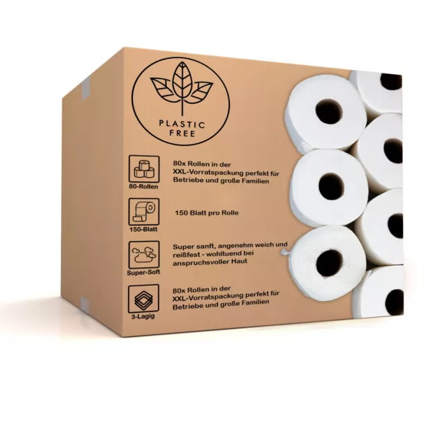 Toilettenpapier Klopapier WC-Papier 3 lagig 80x Rollen 150 Blatt Plastikfrei