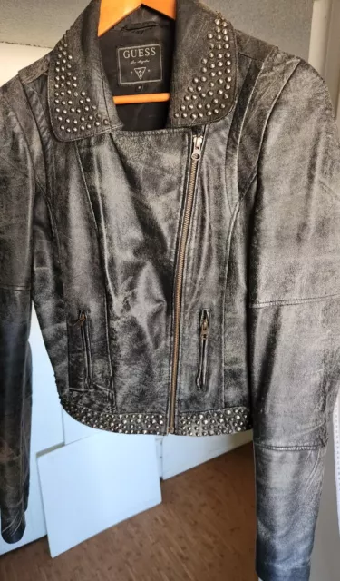 Guess Womens Studded Distressed Black Rocker Biker  Faux leather Jacket Medium