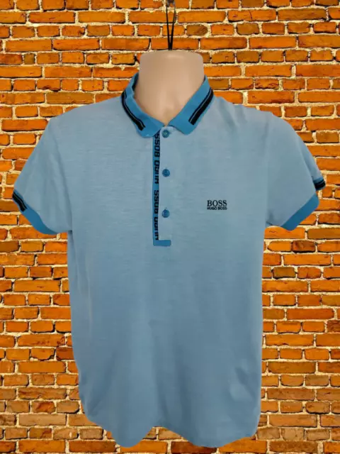 Mens Hugo Boss Uk Medium Blue Short Sleeve Polo Shirt Slim Fit Tshirt Cotton Top