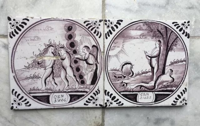 Antique Pair of Dutch Delft Tiles Biblical Adam + Eve + Text 18TH C. Manganese