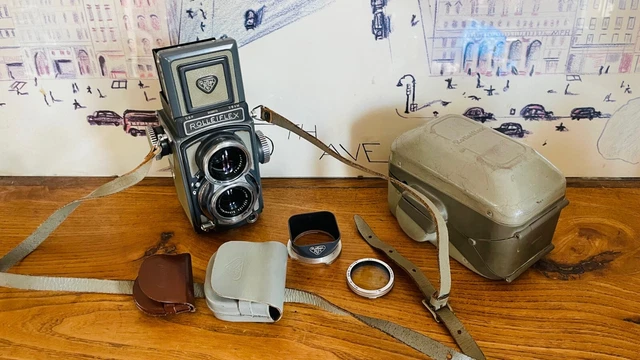 Rare ROLLEIFLEX Rollei Grey Baby 4 x 4, avec étui et pare soleil