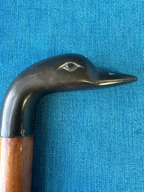 Vintage Smooth dark metal (pewter ?) duck walking stick /cane 90cm /wooden VGC