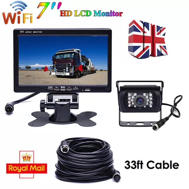 4 Pin + 7" LCD Car Reversing Camera Monitor Rear View Set Truck Bus Van 12V/24V