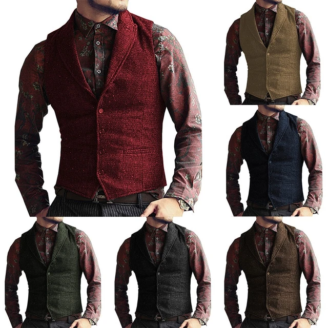 Uomo Classico Vintage Slim Plaid Tweed Gilet Vest Pesce Dentellato Bavero IN