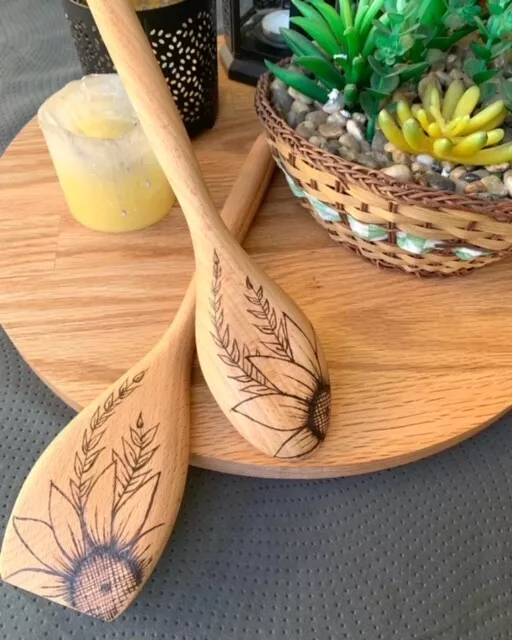 Pair of Customised Sunflower wood Hand burned wooden decorative spoons