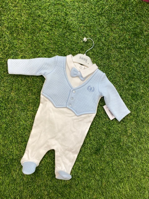 NEW Ex Matalan Baby Boys Sleepsuit Mock Suit Spanish Style Outfit Blue Romper
