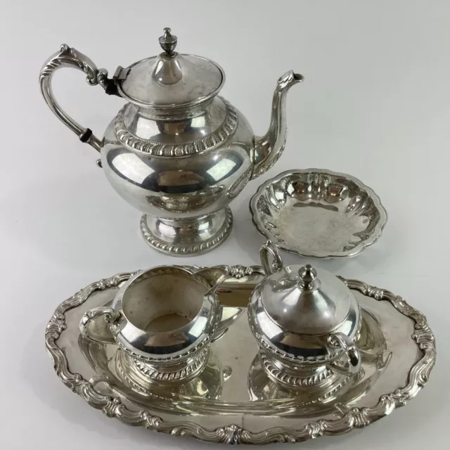 Sheridan Silver Plate Mid-Century Silver on Copper Tea Set Oneida Platter Tray