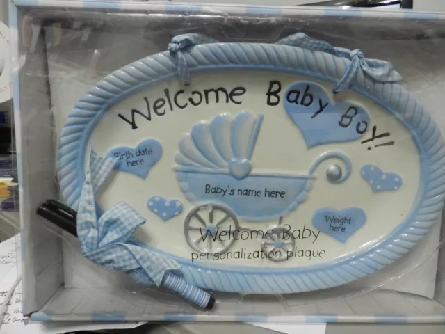 Welcome Baby Boy Personalization Plaque w/Pen - Mud Pie Ceramics NIB