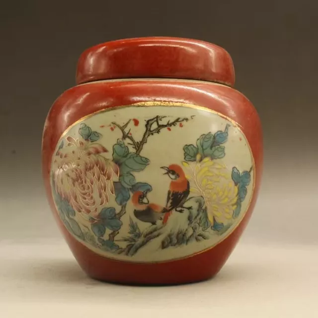 Vintage Chinese Porcelain Red Glazed Flower and Bird Pattern Tea Caddy Pot Jar