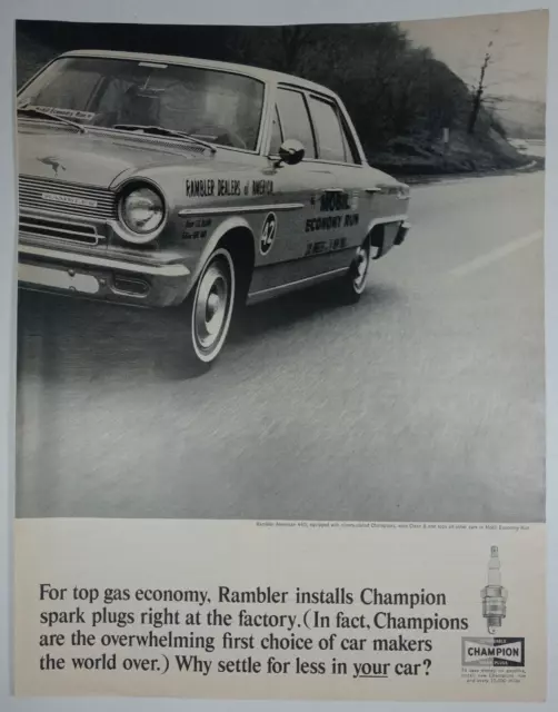 1960's CHAMPION Spark Plugs AMC Rambler 1964 Economy Run Car Vintage Print Ad