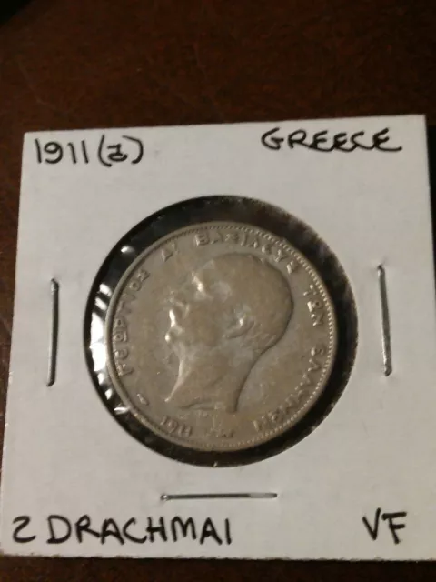 🇬1911 - Greece  2 Drachmai Silver Coin Very Nice Rare Find One Year Issue **J54