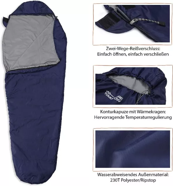 Where Tomorrow Schlafsack 220x80x50 Navyblau Mumienschlafsack mit Tasche NEU *