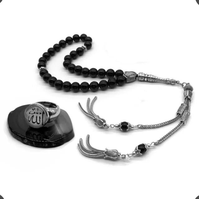 Black Agate Stone -8mm-33 Beads - Worry Beads with Matching Stretch Ring- Tesbih
