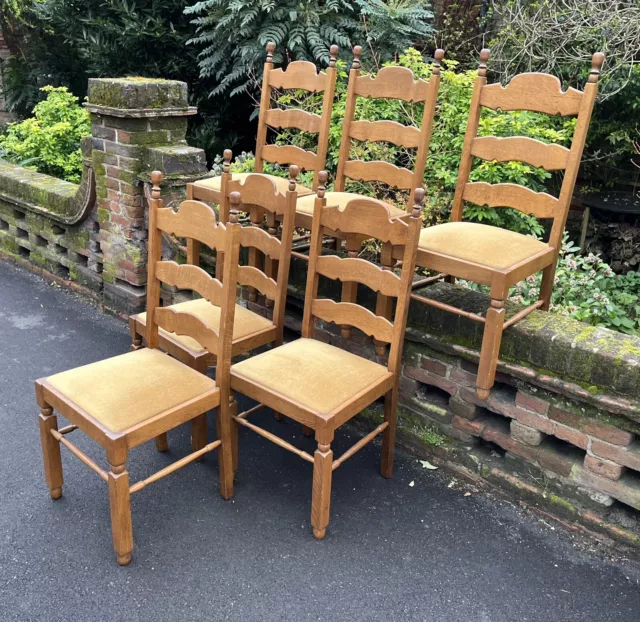 Set Of Six Vintage Oak Ladder Back Dining Chairs