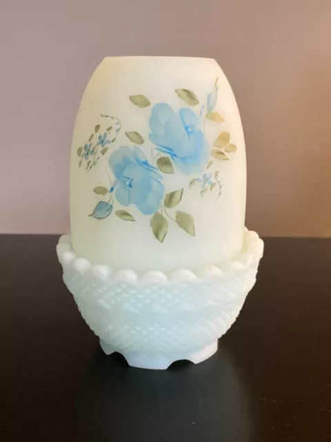 Vintage Fenton Art Glass Blue Custard Glass Fairy Lamp Roses Signed