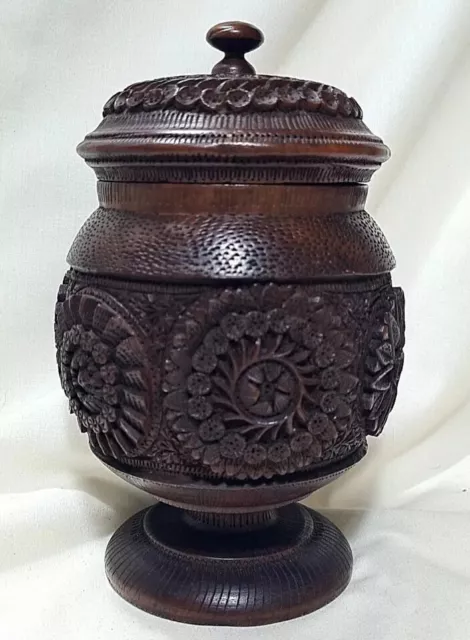 Intricately Hand Carved Wooden Jar Pot Antique Wooden Indian Anglo Tea Caddy
